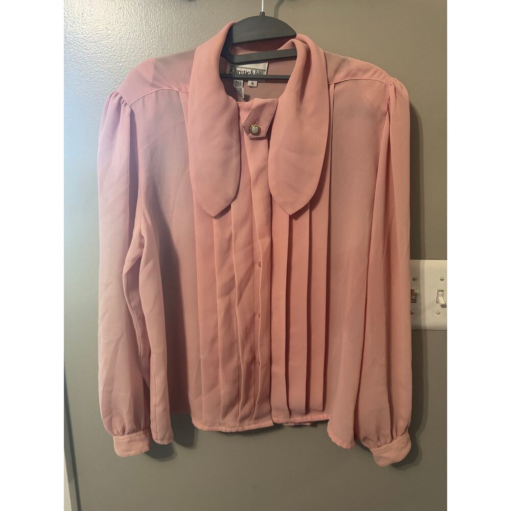 VTG Ladies Lt Pink Blouse Pleated Shoulder Pads w/Collar Button 80s Career